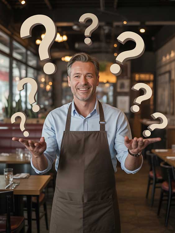 Restaurateur souriant dans son établissement entouré de points d’interrogation, illustrant la section FAQ d’Ilicop Resto