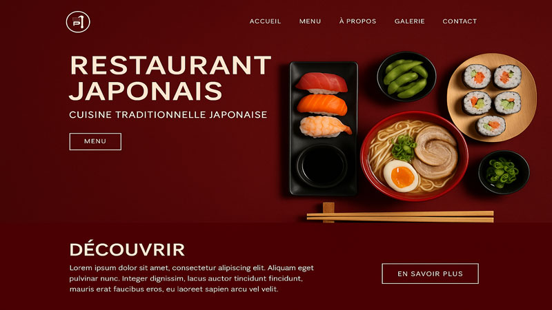 restaurant-japonais-cuisine-traditionnelle Présentation d’un restaurant japonais sur fond rouge avec sushi, ramen et cuisine traditionnelle, illustration pour un site démo ilicopresto.
