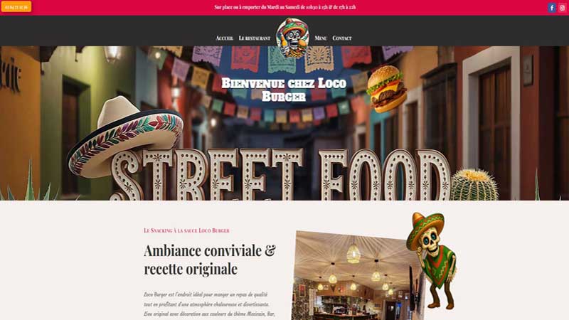loco-burger-street-food Page d’accueil du restaurant Loco Burger avec ambiance mexicaine, décor coloré et univers street food.