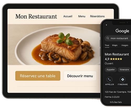 Aperçu d’un site web de restaurant affiché sur tablette à côté d’une fiche Google sur smartphone, illustrant la visibilité en ligne complète offerte par Ilicop Resto