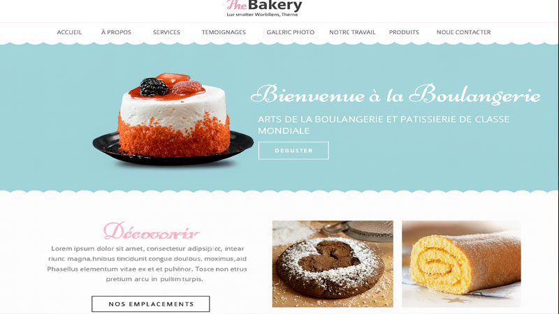 the-bakery-boulangerie-patisserie Page d’accueil d’une boulangerie moderne avec un gâteau à la crème, biscuit décoré et roulé pâtissier, illustration de site démo ilicopresto.
