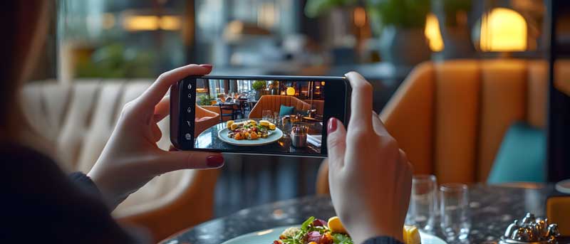 Personne prenant en photo un plat dans un restaurant moderne pour une visite virtuelle Google Street View