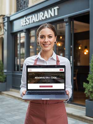 Serveuse devant un restaurant tenant un ordinateur affichant une réservation en ligne.