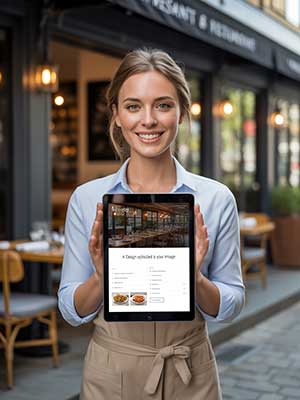 Employée de restaurant présentant une tablette affichant un menu digital et un système de commande en ligne.