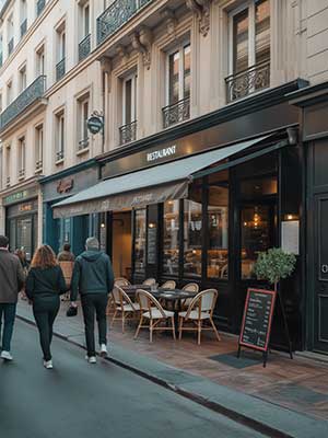 Façade d’un restaurant avec terrasse, illustrant la visibilité locale et la présence en ligne.